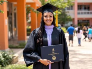 Thinaah In Graduation Gown With Diploma And Sports Trophy.