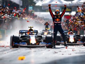 Verstappen racing with Sainz celebrating on the podium.