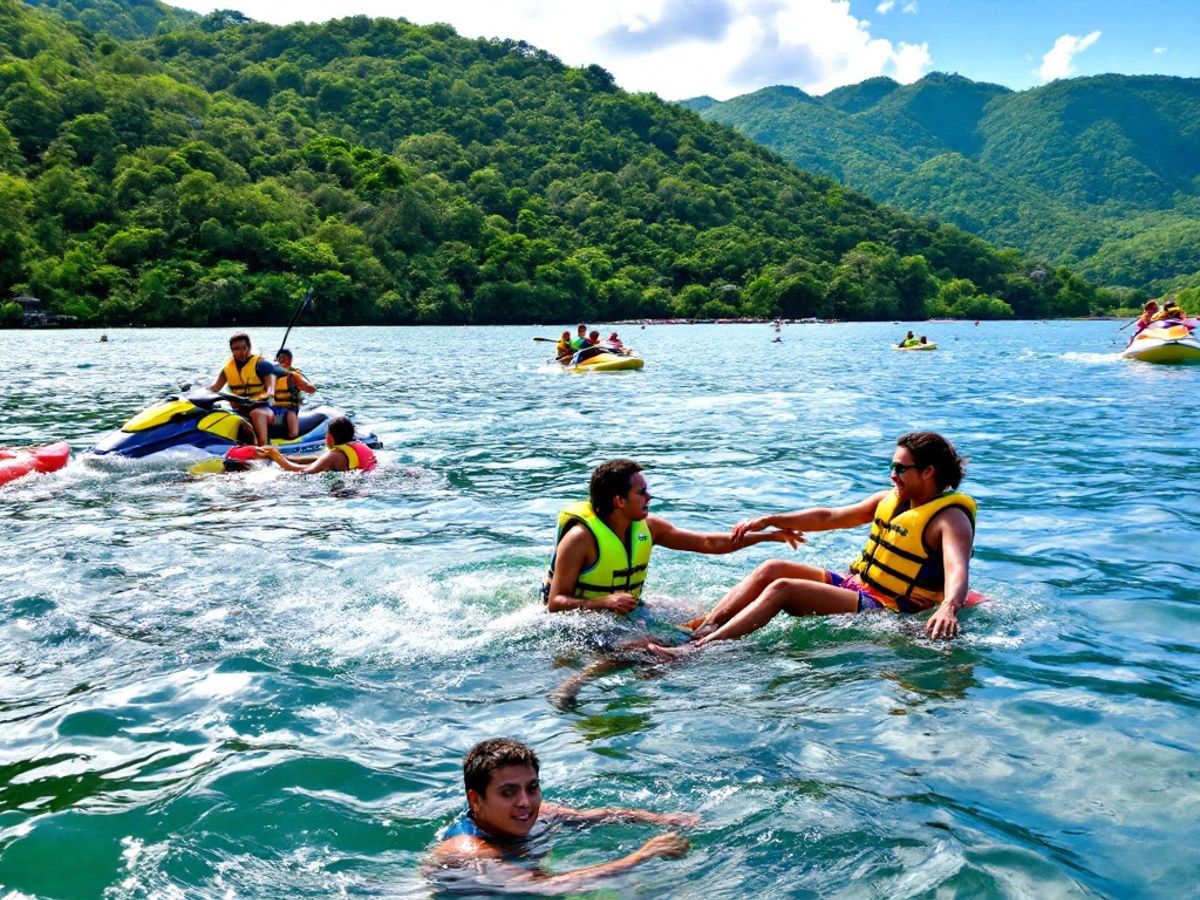 Athletes In Life Jackets Enjoying Water Sports In Sarawak.