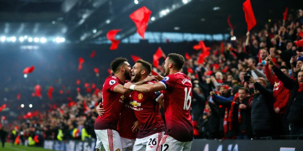 Manchester United players celebrating a goal against Leicester City.