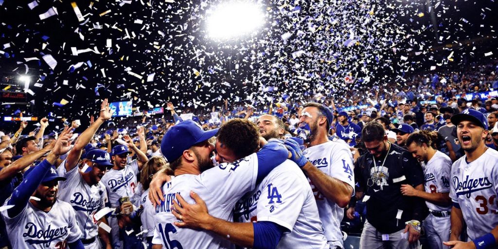 Dodgers celebrate World Series win with confetti and cheers.