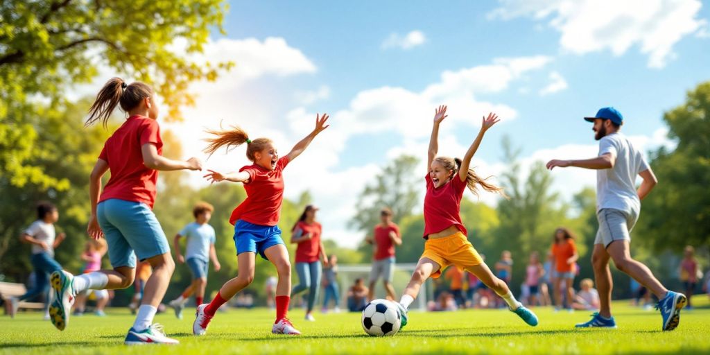 Diverse Youth Participating In Various Sports In A Park.