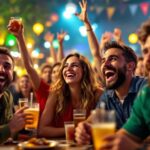 Excited fans celebrating sports betting victory in a bar.