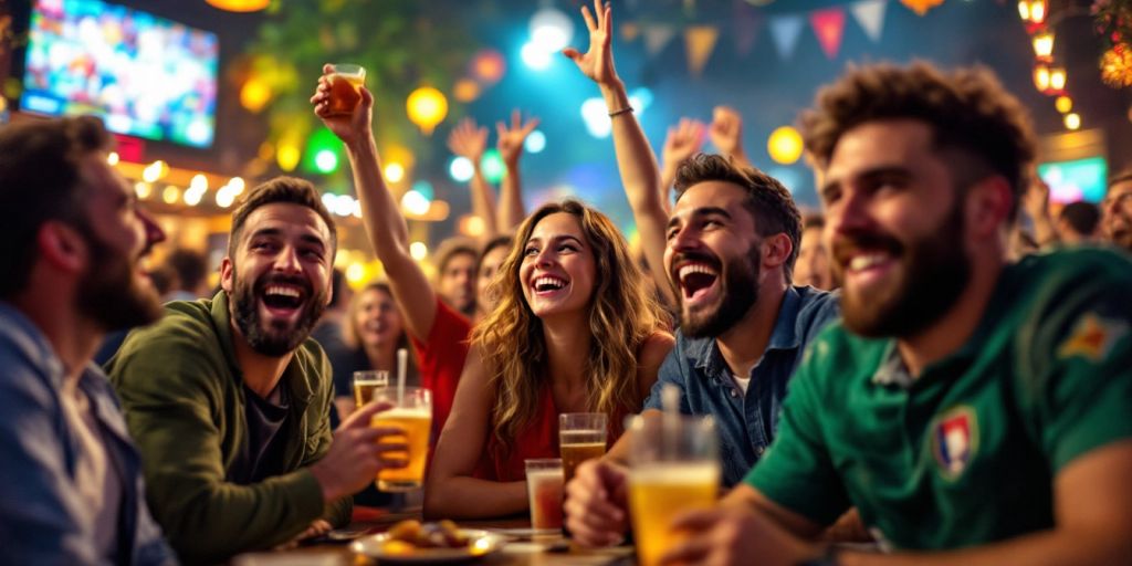 Excited fans celebrating sports betting victory in a bar.