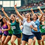 Women athletes celebrating at a sports event.