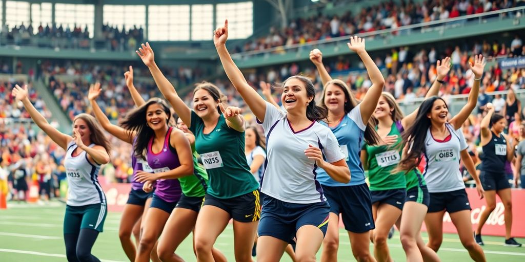 Women athletes celebrating at a sports event.