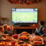 Families enjoying Thanksgiving sports on a big screen.