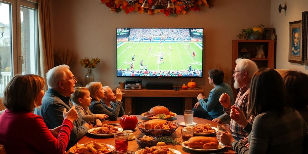 Families enjoying Thanksgiving sports on a big screen.