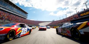 NASCAR cars racing on a vibrant track with fans.