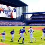 Kansas City Royals players celebrate in a lively baseball stadium.