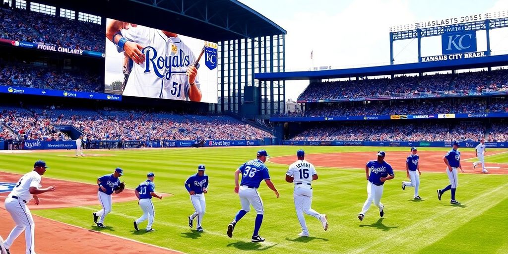 Kansas City Royals players celebrate in a lively baseball stadium.